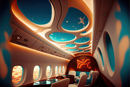 light beige aircraft interior with round large portholesの写真素材