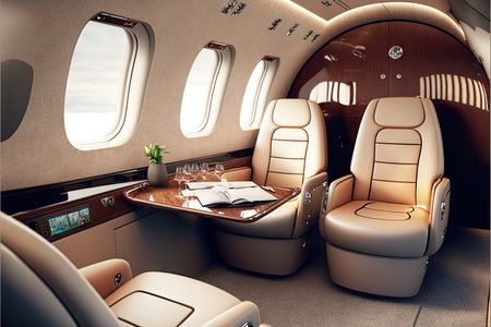Comfortable seats and table in aircraft interior of small plane