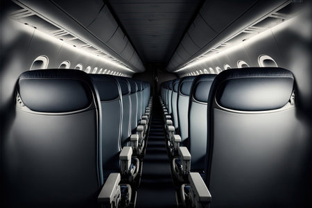darkened aircraft interior with rows of seats and narrow aisleの写真素材