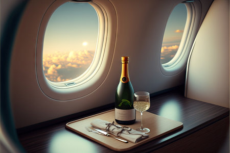 drinks and snacks at lounge table in aircraft interiorの写真素材