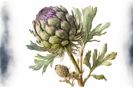 green artichoke buds on stem isolated on white backgroundの写真素材