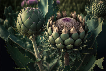 thin stems with round green artichoke headsの写真素材