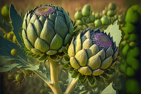 green stems with round closed artichoke buds with purple coreの写真素材