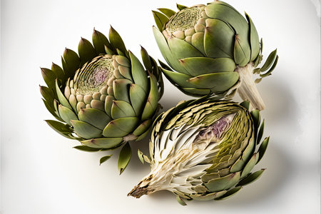 three round heads of useful artichoke isolated on white backgroundの写真素材