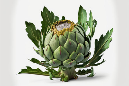 a cone of useful artichoke with blooming leaves isolated on whiteの写真素材