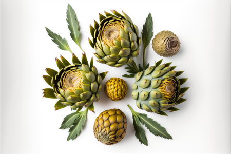 leaves and buds of green artichoke isolated on white
