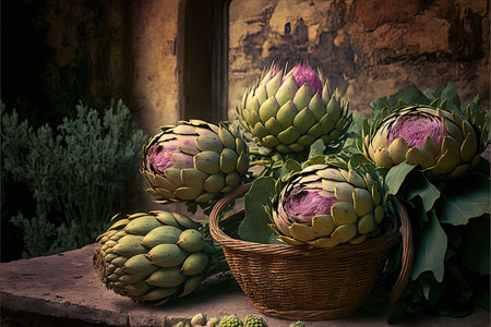 basket full of round useful artichoke heads on tableの写真素材