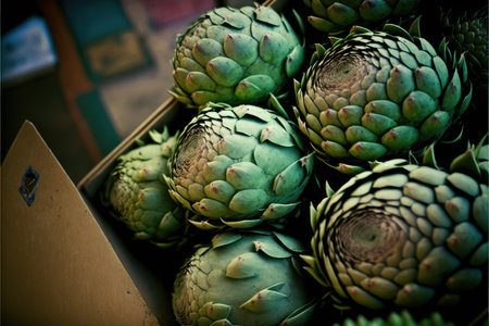 large green cones of useful artichoke collected in large boxの写真素材