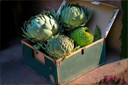 wooden box in field filled with collected artichoke budsの写真素材