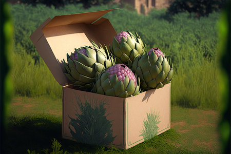 cardboard box with lid with large green purple artichokesの写真素材