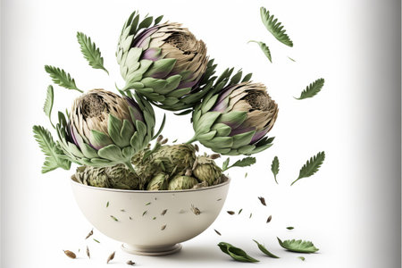 white ceramic bowl with artichokes isolated on white backgroundの写真素材