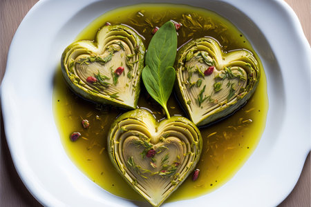 white plate with heart shaped artichoke dishの写真素材