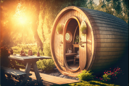 illuminated sunny glade with barrel sauna wood standing on itの写真素材