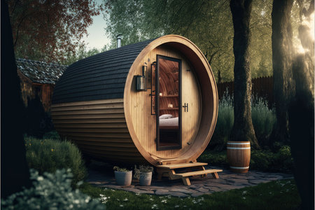 round barrel sauna with dark coating stands in green gardenの写真素材