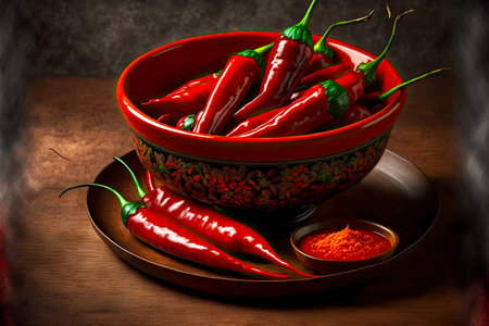 Bowl with khokhloma print full of chili peppers and sausage with red chili sauce