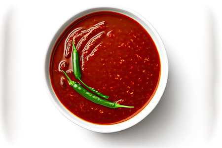 Delicious spicy fresh red chili sauce with green chili pepper pods on white background