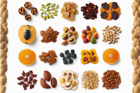 assorted dried apricots of nuts and berries on white backgroundの写真素材