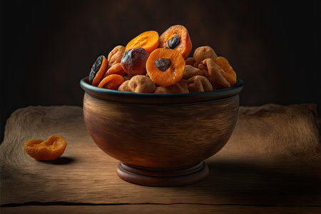 wooden bowl on table with dried apricots and berriesの写真素材