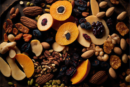 dried apricots dried berries and nuts piled up on table