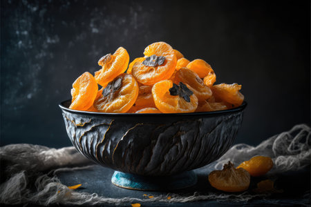 sweet healthy dried apricots lie with slide in deep bowl on tableの写真素材
