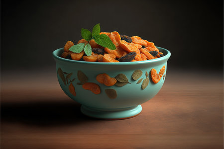 a bowl of bright orange dried apricots stands on wooden tableの写真素材
