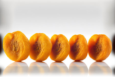 laid out in row on white background dried apricotsの写真素材