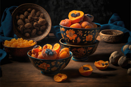 full set for vitamin breakfast from fresh and dried apricotsの写真素材