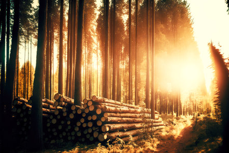 forest of trees in sunlight background timber felling