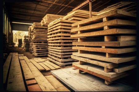 stacks of wooden planks floor boards timber in factory yard
