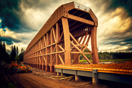 construction site of large single-span bridge built from timber boards