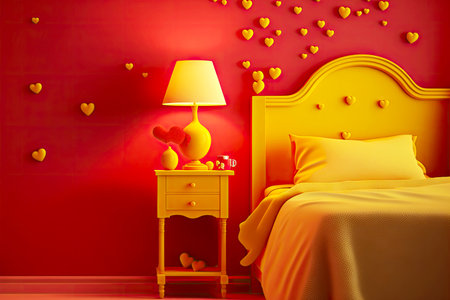 yellow red room with hearts and bedside table valentine day decorated roomの写真素材