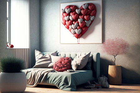 posters and hearts on walls of valentine day decorated roomの写真素材