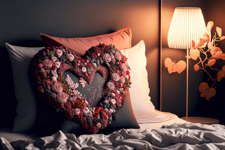 flowered pillow on bed in valentine day decorated roomの写真素材