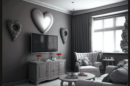 grey living room with soft armchair and tv valentine day decorated room