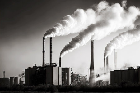 light grey smoke from production factory chimneys