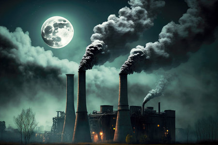 smoking factory chimneys against backdrop of dark sky and moonの写真素材