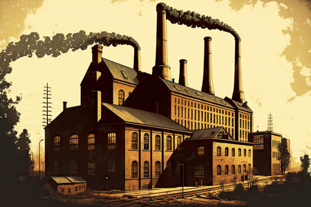 vintage architecture with industrial factory and smoking chimneys