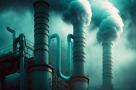 industrial factory pipes with smoke closeup, smoking factory chimneys