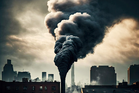 smoke stack pollution against backdrop of urban architecture, environmental disasterの写真素材