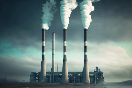 industrial factory smoke stacks with smoking chimneysの写真素材