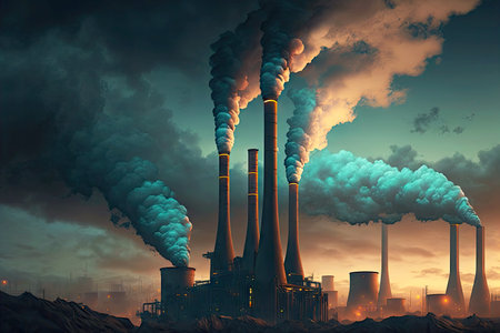large smoking factory chimneys in evening