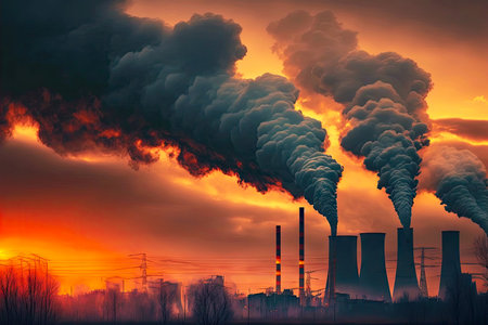 smoke from burning factory chimneys fly against background of dawn sky