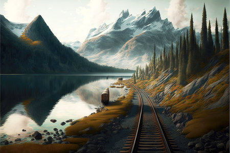 railways extending into distance and walking along lake and mountains