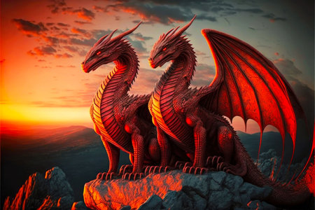 fabulous red dragons stand on mountain spreading their wings against backdrop of sunset