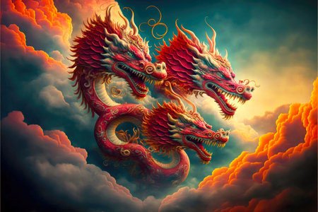 magical chinese red dragons flying high in clouds
