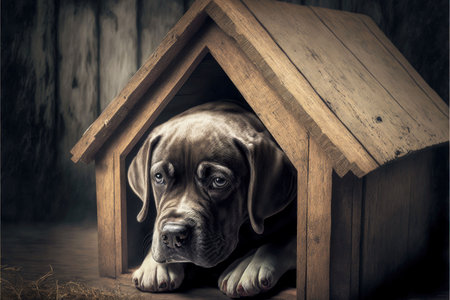 sad lonely dog in wooden doghouse kennelの写真素材