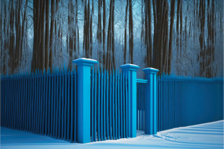 blue wooden fence made of thin slats with pillars in winter parkの写真素材