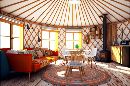 nomadic lifestyle modern yurt interior with furnitureの写真素材