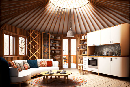 nomadic lifestyle modern yurt interior with furnitureの写真素材