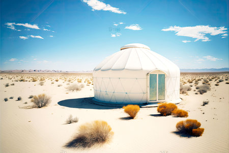 natural landscape of white yurt in desert against background of blue skyの写真素材
